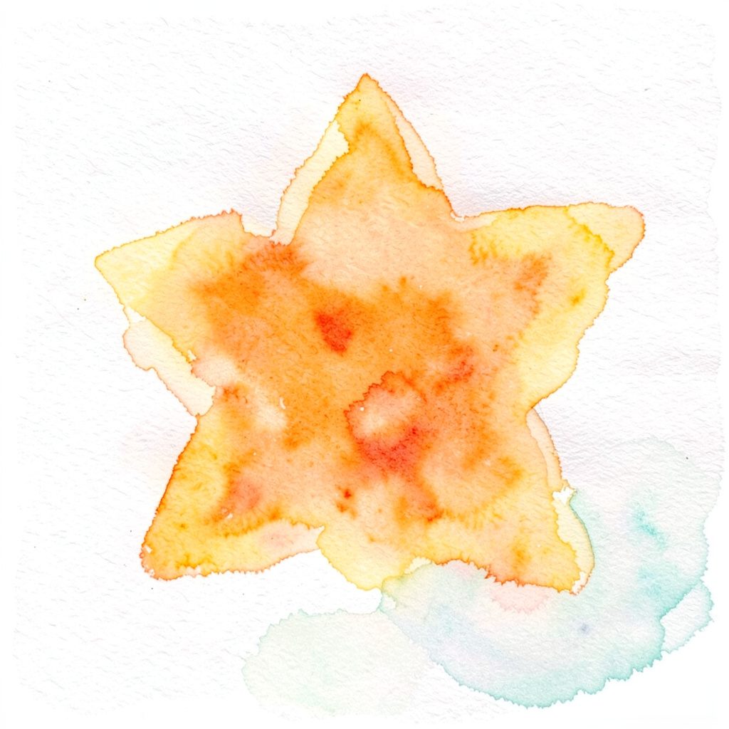 A soft watercolour of a warm star-like glow in olive-gold against a cream background, symbolising insight and empathy.